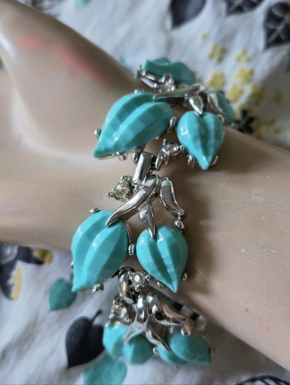 Vintage 1950s Aqua Plastic + Silver Metal H & S Bracelet